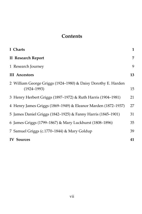 Contents page from family history book