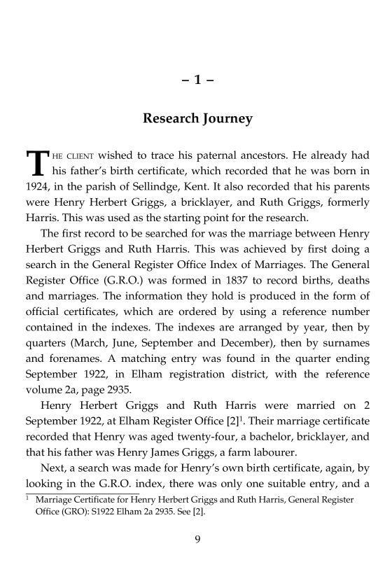 Research report page from the family history book
